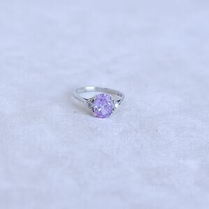 Sterling Silver Amethyst Ring Oval Clear CZ Crystals Size 6.75